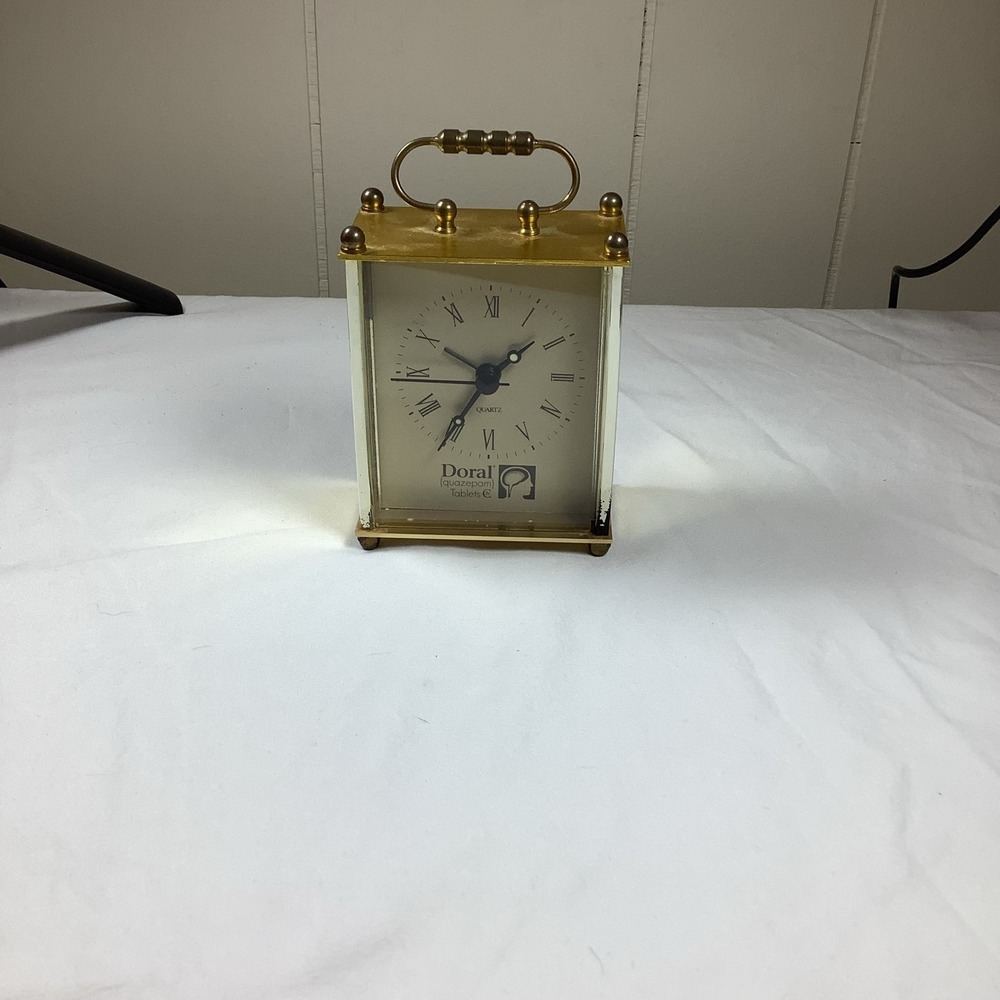 Doral Quartz Brass Carriage Desk Clock Roman Numerals Handle